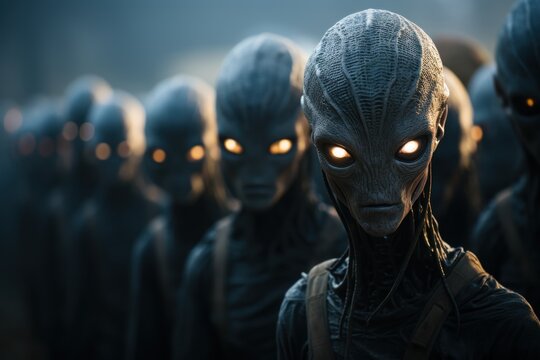 Warrior Alien soldiers in the fo. UFO. Humanoid. Alien. Sci Fi Concept With Copy Space.