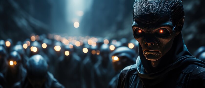 Aliens. Fantasy alien Army with glowing eyes in the dark forest. UFO. Humanoid. Alien. Sci Fi Concept With Copy Space.