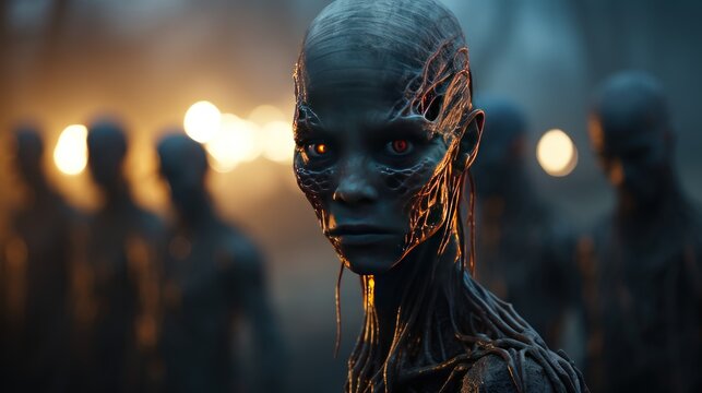 Female alien in a dark foggy forest. UFO. Humanoid. Alien. Sci Fi Concept With Copy Space.