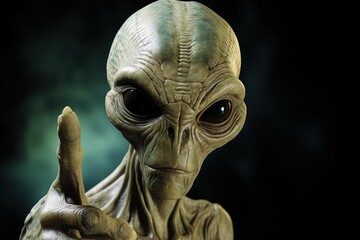 Alien showing pointing with finger you camera on dark background. 3D illustration. Humanoid. Alien. Sci Fi Concept With Copy Space.