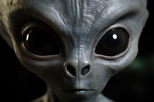 Alien face on dark background, closeup portrait of a scary alien. Humanoid. Alien. Sci Fi Concept With Copy Space.