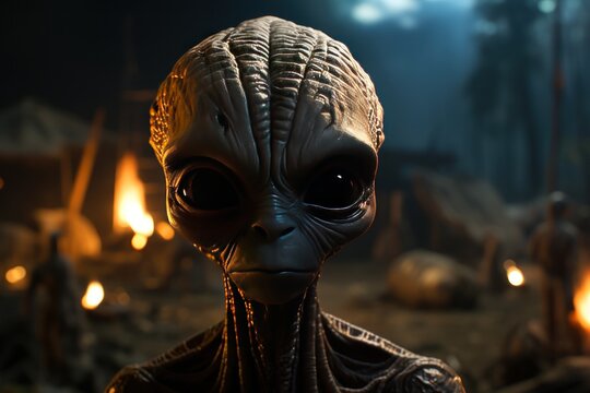 3D illustration of an alien in a fantasy world. UFO. Humanoid. Alien. Sci Fi Concept With Copy Space.