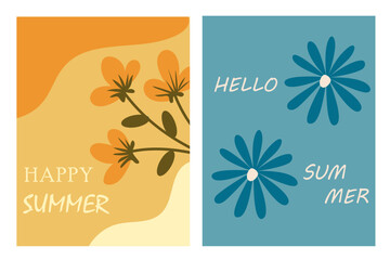 Creative abstract concept for a hello and happy summer banner poster set with abstract leaves, plants, flowers. Templates for celebration, branding, cards, covers, labels