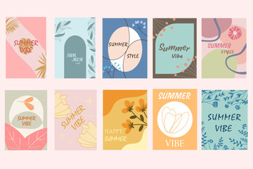 Creative abstract concept for a summer vibe and style banner poster set with abstract leaves, plants, flowers. Templates for celebration, branding, cards, covers, labels