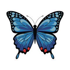 A vibrant blue butterfly with intricately designed wings featuring gradient shades of blue and black accents