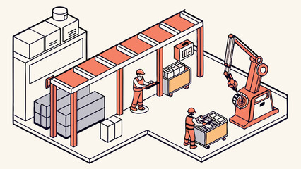 Isometric illustration of industrial manufacturing automation robot workers conveyor belt boxes
