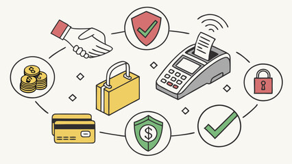 Secure Online Payment Processing Financial Transaction Security Line Art Illustration