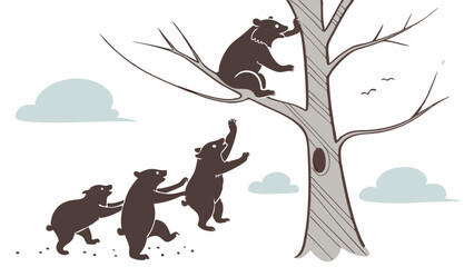Three brown bears climbing a tall tree simple cartoon illustration of a bear family attempting to reach a branch