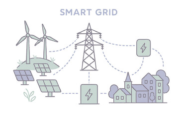 Smart Grid Illustration with Wind Solar Power and Electric Network for Homes