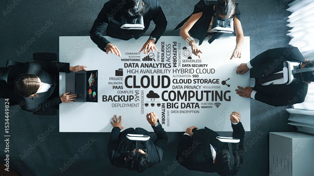 Aufkleber aerial view of a business meeting discussing cloud computing, data management, and security strategi