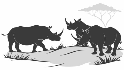 African Rhinos Wildlife Illustration Three Rhinos in Black and White Savanna