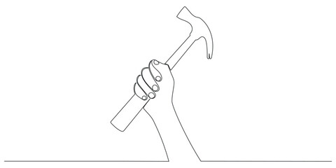 Continuous one line drawing of hand and hammer. One line of hammer. Carpentry concept continuous line art. Editable outline.