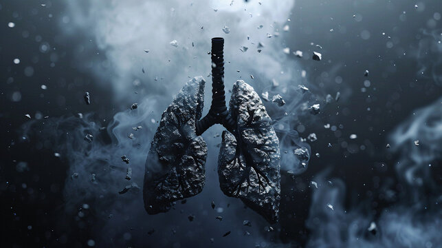 Diseased lungs underwater with bubbles and smoke. Concept of respiratory illness, drowning, pneumonia, lung cancer, or COVID-19. Abstract Lungs: Respiratory Health Concept