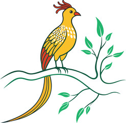 Obraz premium Golden Pheasant Perched on Branch Drawing
