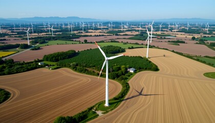 an expansive view of wind farms in rural landscapes under a clear blue sky.