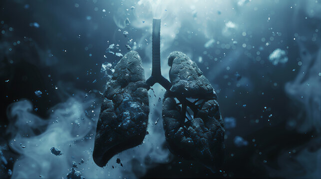 Diseased lungs underwater with bubbles and smoke. Concept of respiratory illness, drowning, pneumonia, lung cancer, or COVID-19. Abstract Lungs: Respiratory Health Concept