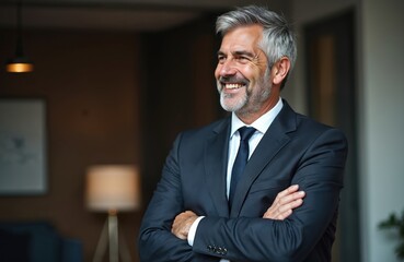 Smiling confident mature business man stands in office. Middle aged executive entrepreneur, wearing suit, looking away thinking about future success. Positive thinking concept.