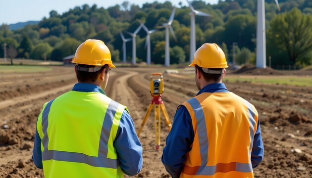 two individuals in a field with wind turbines in the background. they are wearing high visibility vests and appear to be engaged in some form of construction or survey work