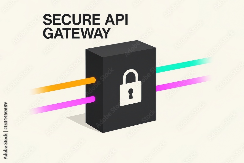 Poster illustration of a secure api gateway with lock symbol and colorful data connections