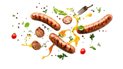 Flying scene of breakfast sausages with herbs, sizzling grease splashes, and cutlery frozen midair isolated on white background 