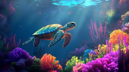 Obraz premium A sea turtle gracefully swims amidst vibrant coral reefs in a sunlit ocean.