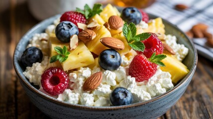 A plate of low-fat cottage cheese sprinkled with berries, pineapple slices, chopped almonds and sprinkle with honey.