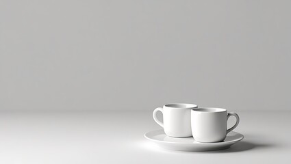 Fototapeta premium Two White Coffee Mugs on a Saucer in a Minimalist Setting
