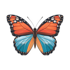 Obraz premium An intricately detailed butterfly with vibrant, gradient colors. Its upper wings display rich orange and deep red tones that transition smoothly into bright turquoise blue on the lower wings.