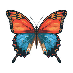 An intricately detailed butterfly with vibrant, gradient colors. Its upper wings display rich orange and deep red tones that transition smoothly into bright turquoise blue on the lower wings.