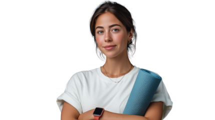 Yoga enthusiast with mat studio setting image with transparent background calm environment portrait view