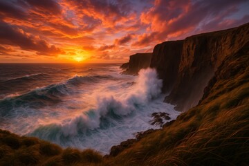 Obraz premium Dramatic waves crash against rugged sea cliffs under a vibrant, fiery sunset sky, showcasing the raw power and beauty of the ocean at dusk.