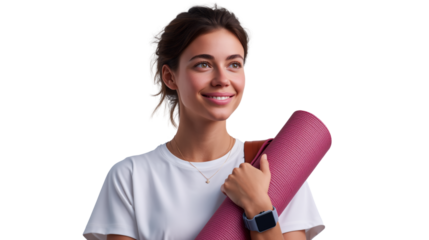 Yoga practice woman holding mat studio transparent background positive environment front view health concept