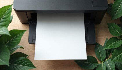 Blank white paper ejecting from printer surrounded by fresh lush green leaves. Top view of modern office tech on wooden desk. Printing machine ready to work. Business document, copy space.