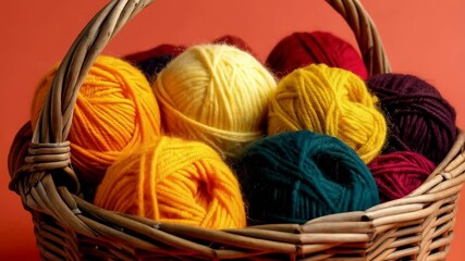 Colorful wool yarn balls in a wicker basket for knitting hobby against a vibrant coral colored background - Powered by Adobe