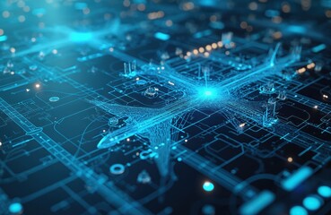 Futuristic digital representation air traffic control with glowing blue circuits. Airplanes airport infrastructure symbolize aviation tech global connectivity. Cyber network innovation, automation,