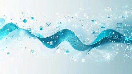 Digital Wave Graphic Depicting Technology and Data Flow With Various Icons Representing Communication and Finance in a Light Background