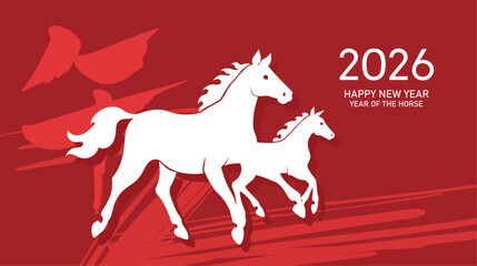 Mare and foal silhouettes new year 2026 card. Chinese new year of the horse, or lunar new year 2026 background in minimalist style.