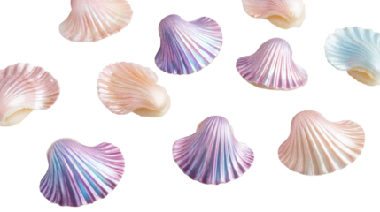 Flying radiant clam shell-shaped mini pastries with iridescent frosting isolated on white background 