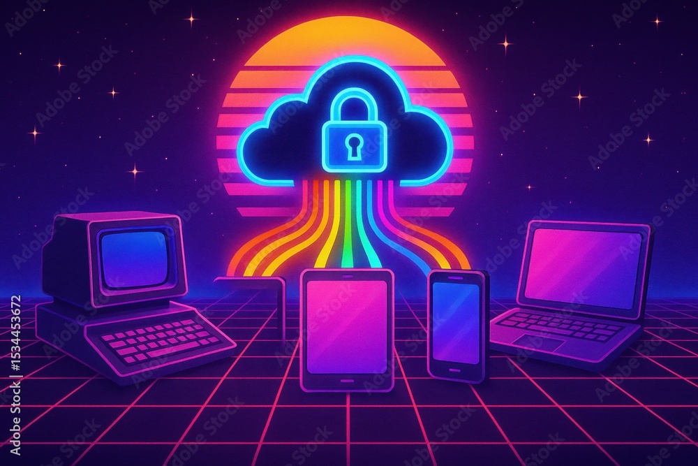 Poster Retro Futuristic Illustration of Cloud Computing with Devices and Security Lock