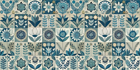 Vibrant floral pattern in teal and cream, featuring assorted flowers and leaves.