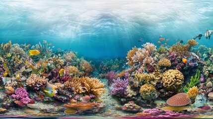Vibrant coral reef teeming with diverse marine life, showcasing a panoramic underwater scene.