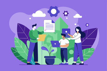 Teamwork innovation workshop, people developing ideas with gears and plants, purple color theme, corporate creativity, project growth, vector illustration of business strategy.