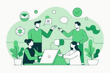 Office communication meeting, people discussing tasks with message icons, green color theme, teamwork collaboration, project discussion, vector illustration of corporate communication.