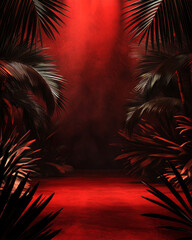 Mystical Red Jungle with Dramatic Palm Leaves