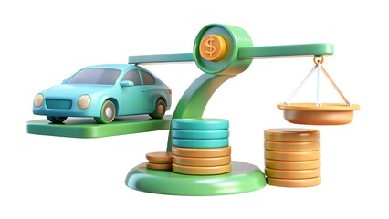 Car purchase balance concept with modern toy car model and financial coins on weighing scale illustration