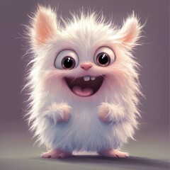 Fototapeta premium Cute Fluffy Cartoon Creature With Big Eyes and a Joyful Expression Standing on a Pastel Background