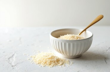 Psyllium husk in white bowl with golden spoon. Dietary fiber ingredient on white surface. Healthy food for bowel regulation in diet. Close up food photography with copy space.