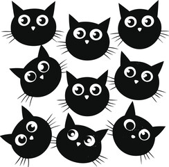 Whimsical Black Cat Faces with Large Eyes on a White Background