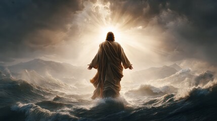 Divine figure walking on water under golden light through storm clouds