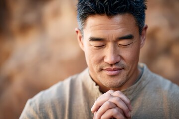 Asian man meditating with eyes closed and hands in prayer